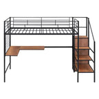 Lit mezzanine en métal double/grand format avec bureau et grille métallique, cadre de lit en métal élégant avec échelle de rangement latérale et armoire - ModernLuxe