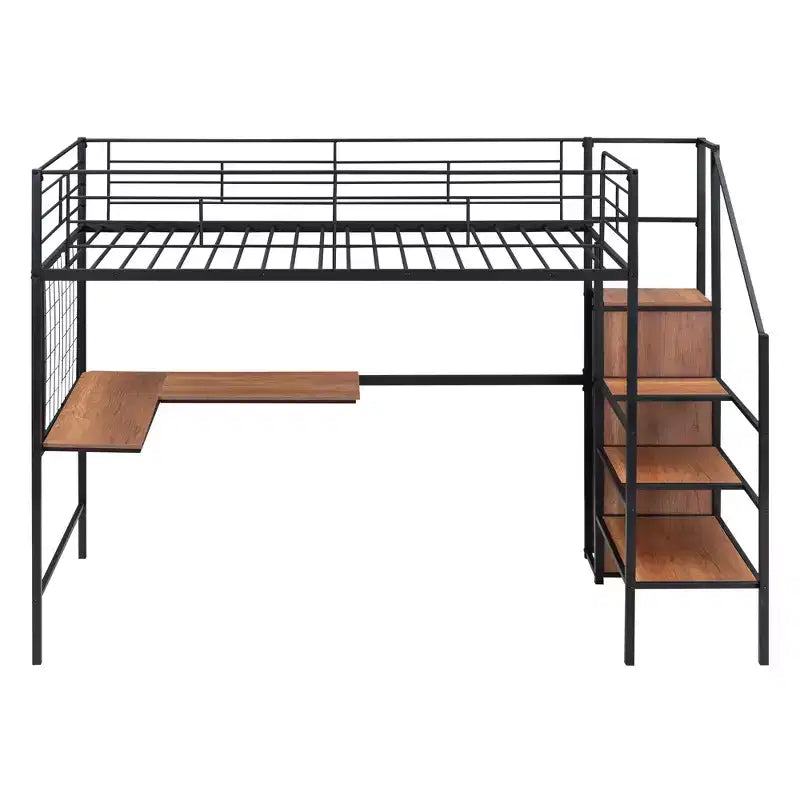 Lit mezzanine en métal double/grand format avec bureau et grille métallique, cadre de lit en métal élégant avec échelle de rangement latérale et armoire - ModernLuxe