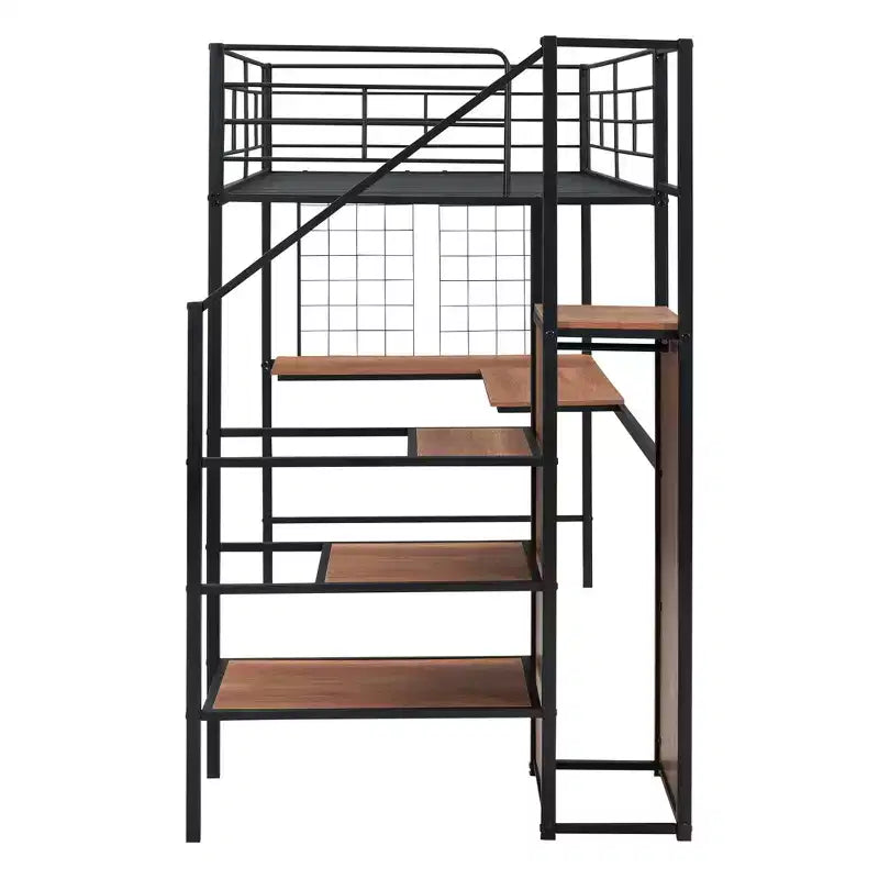 Lit mezzanine en métal double/grand format avec bureau et grille métallique, cadre de lit en métal élégant avec échelle de rangement latérale et armoire - ModernLuxe