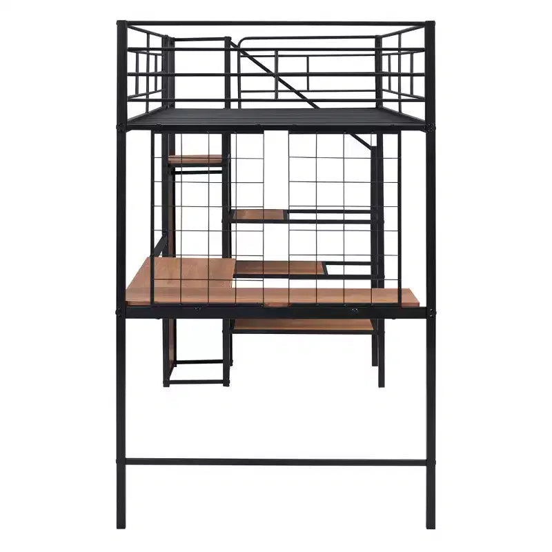Lit mezzanine en métal double/grand format avec bureau et grille métallique, cadre de lit en métal élégant avec échelle de rangement latérale et armoire - ModernLuxe