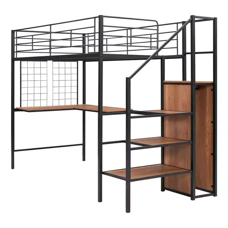 Lit mezzanine en métal double/grand format avec bureau et grille métallique, cadre de lit en métal élégant avec échelle de rangement latérale et armoire - ModernLuxe