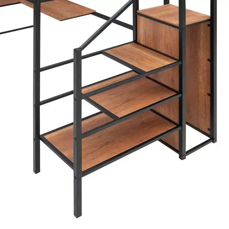 Lit mezzanine en métal double/grand format avec bureau et grille métallique, cadre de lit en métal élégant avec échelle de rangement latérale et armoire - ModernLuxe