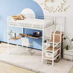 Lit mezzanine en métal double/grand format avec bureau et grille métallique, cadre de lit en métal élégant avec échelle de rangement latérale et armoire - ModernLuxe