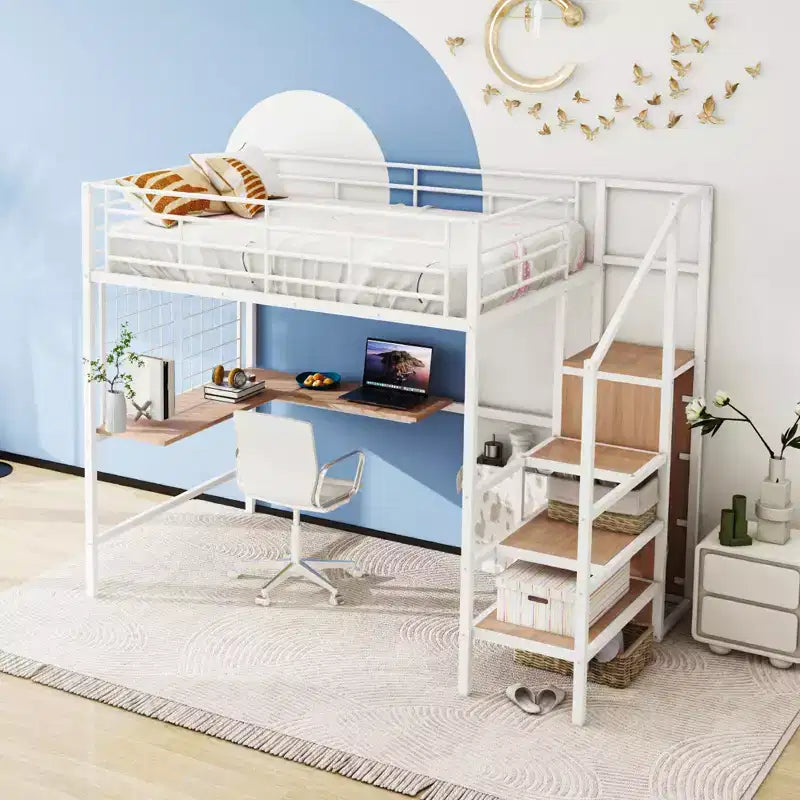 Lit mezzanine en métal double/grand format avec bureau et grille métallique, cadre de lit en métal élégant avec échelle de rangement latérale et armoire - ModernLuxe