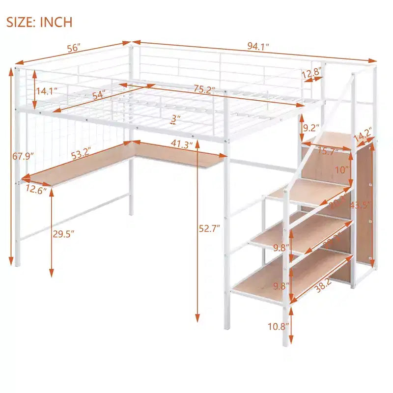 Lit mezzanine en métal double/grand format avec bureau et grille métallique, cadre de lit en métal élégant avec échelle de rangement latérale et armoire - ModernLuxe