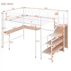Lit mezzanine en métal double/grand format avec bureau et grille métallique, cadre de lit en métal élégant avec échelle de rangement latérale et armoire - ModernLuxe