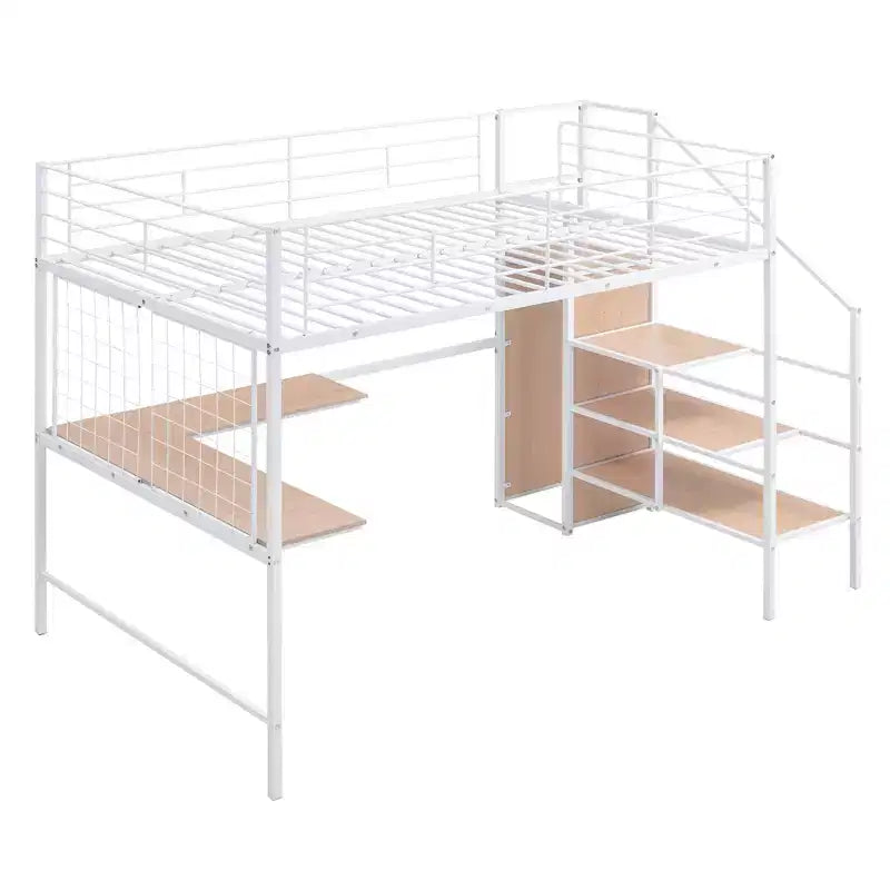 Lit mezzanine en métal double/grand format avec bureau et grille métallique, cadre de lit en métal élégant avec échelle de rangement latérale et armoire - ModernLuxe