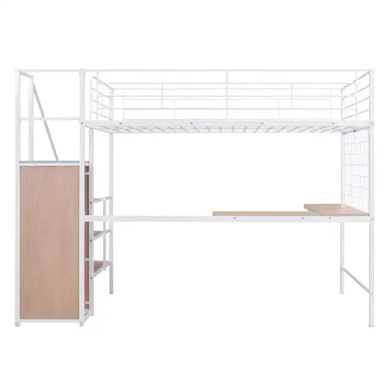 Lit mezzanine en métal double/grand format avec bureau et grille métallique, cadre de lit en métal élégant avec échelle de rangement latérale et armoire - ModernLuxe