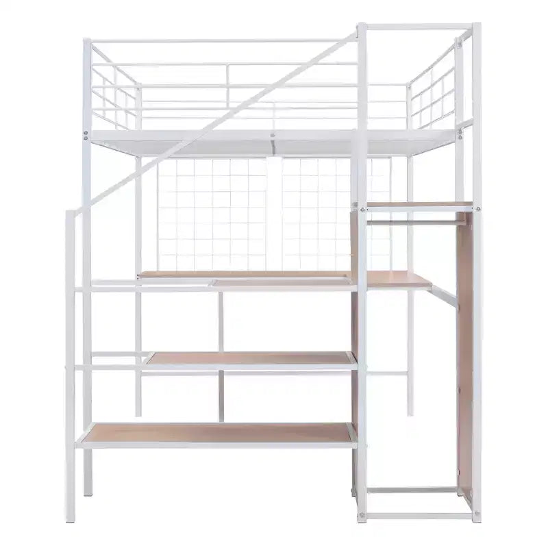 Lit mezzanine en métal double/grand format avec bureau et grille métallique, cadre de lit en métal élégant avec échelle de rangement latérale et armoire - ModernLuxe