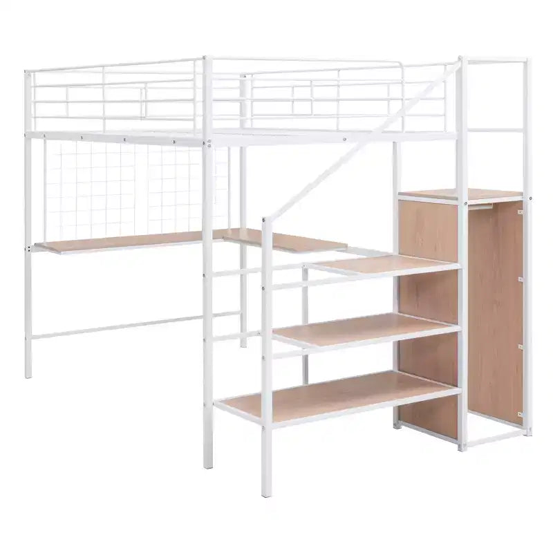 Lit mezzanine en métal double/grand format avec bureau et grille métallique, cadre de lit en métal élégant avec échelle de rangement latérale et armoire - ModernLuxe