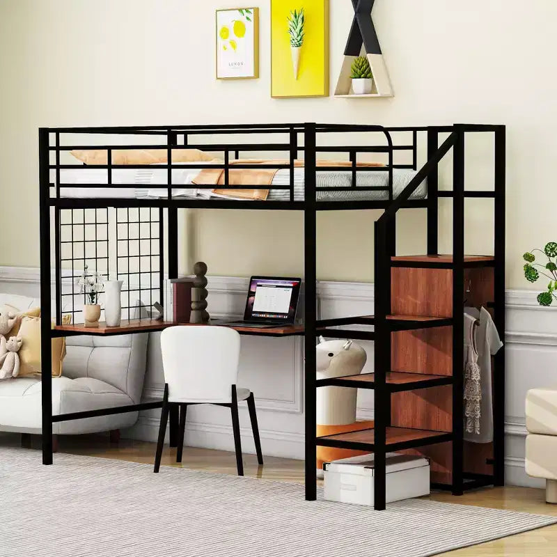 Lit mezzanine en métal double/grand format avec bureau et grille métallique, cadre de lit en métal élégant avec échelle de rangement latérale et armoire - ModernLuxe