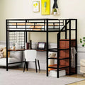Lit mezzanine en métal double/grand format avec bureau et grille métallique, cadre de lit en métal élégant avec échelle de rangement latérale et armoire - ModernLuxe