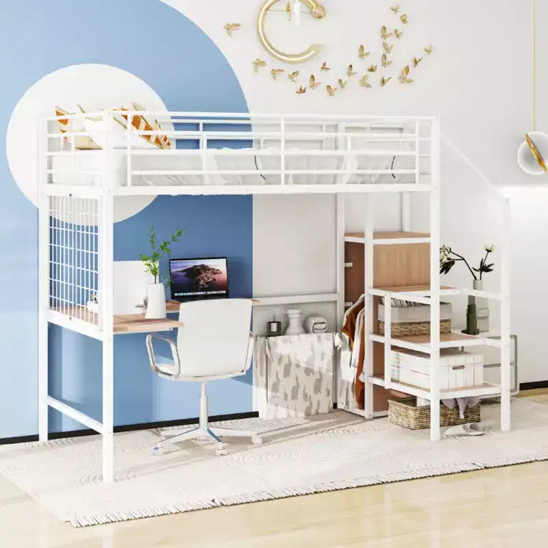 Twin/Full Size Metal Loft Bed with Desk and Metal Grid, Stylish Metal Bed Frame with Lateral Storage Ladder and Wardrobe - ModernLuxe