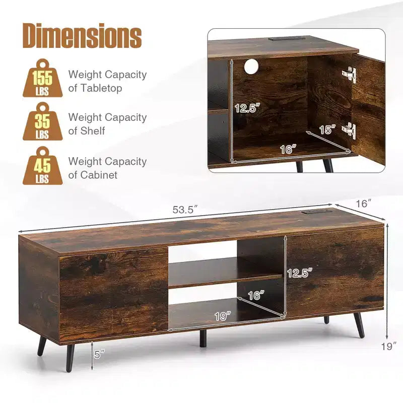 Meuble TV Costway pour téléviseurs 60 pouces, console multimédia moderne du milieu du siècle avec étagère réglable, brun/noir