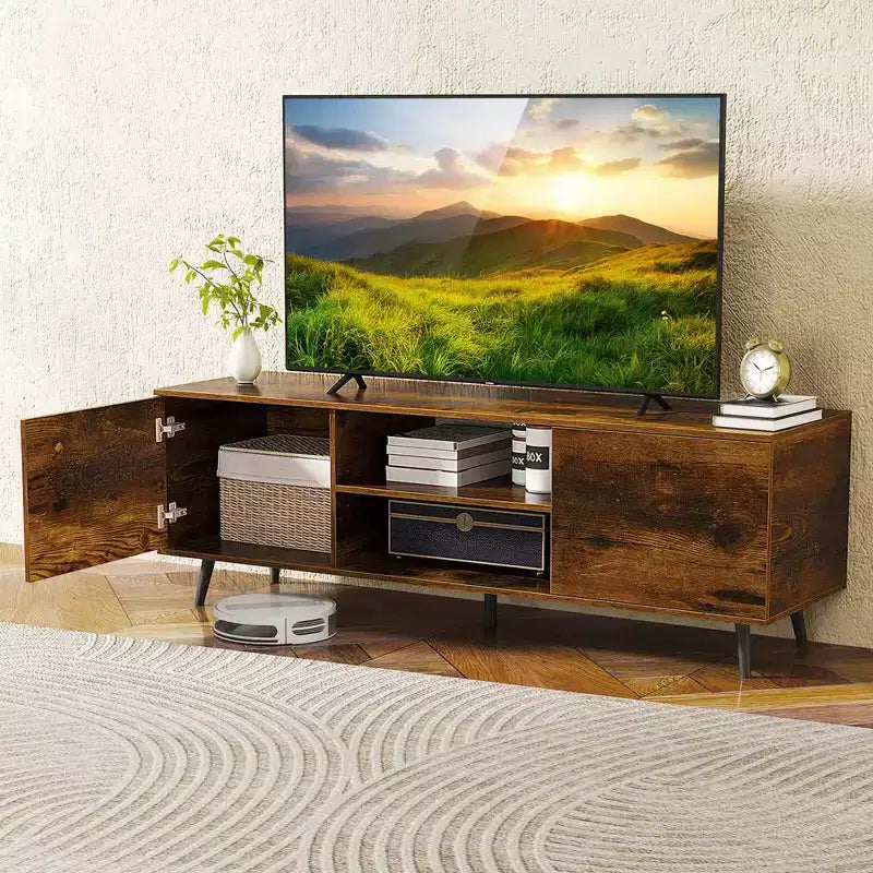 Meuble TV Costway pour téléviseurs 60 pouces, console multimédia moderne du milieu du siècle avec étagère réglable, brun/noir