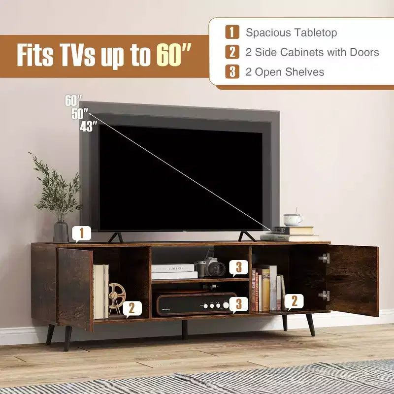 Meuble TV Costway pour téléviseurs 60 pouces, console multimédia moderne du milieu du siècle avec étagère réglable, brun/noir