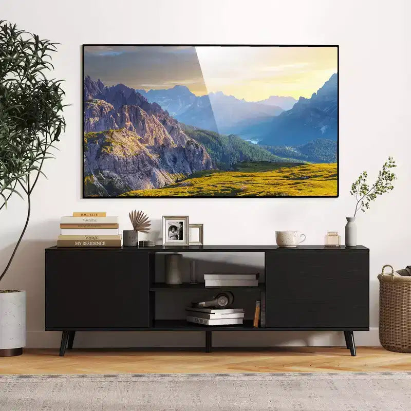 Meuble TV Costway pour téléviseurs 60 pouces, console multimédia moderne du milieu du siècle avec étagère réglable, brun/noir