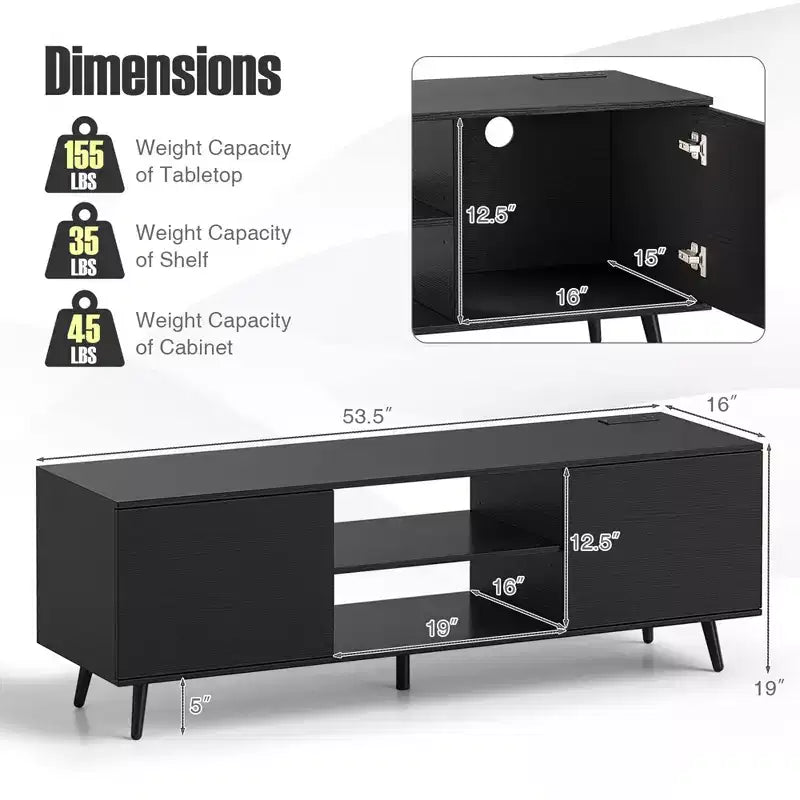 Meuble TV Costway pour téléviseurs 60 pouces, console multimédia moderne du milieu du siècle avec étagère réglable, brun/noir