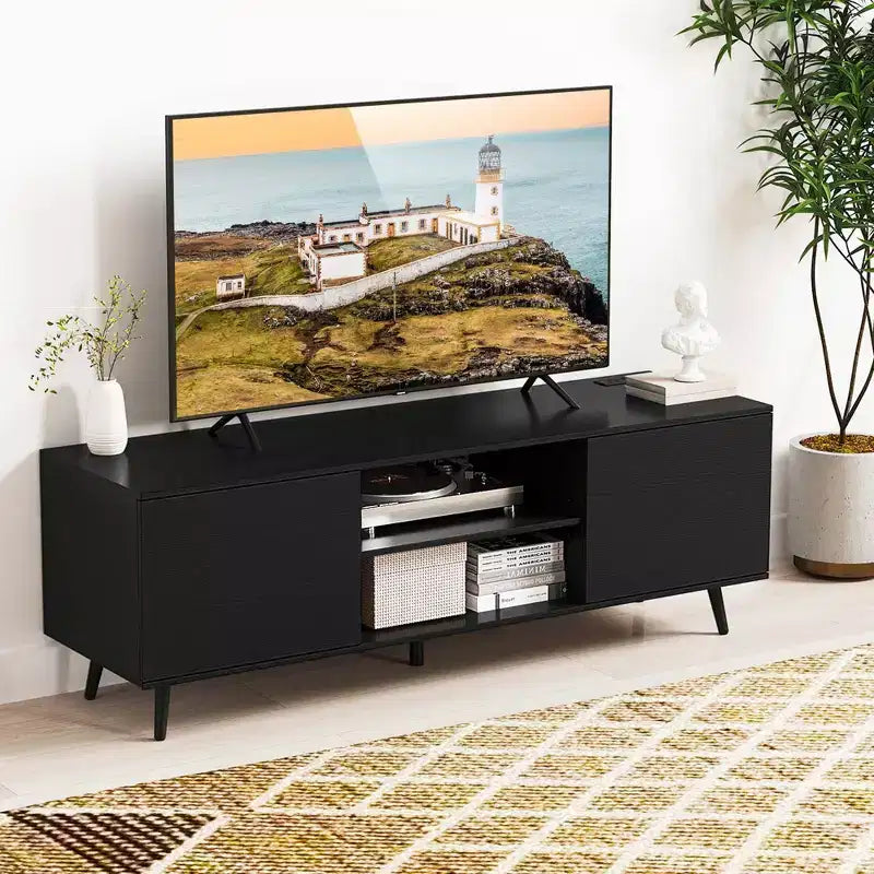 Meuble TV Costway pour téléviseurs 60 pouces, console multimédia moderne du milieu du siècle avec étagère réglable, brun/noir