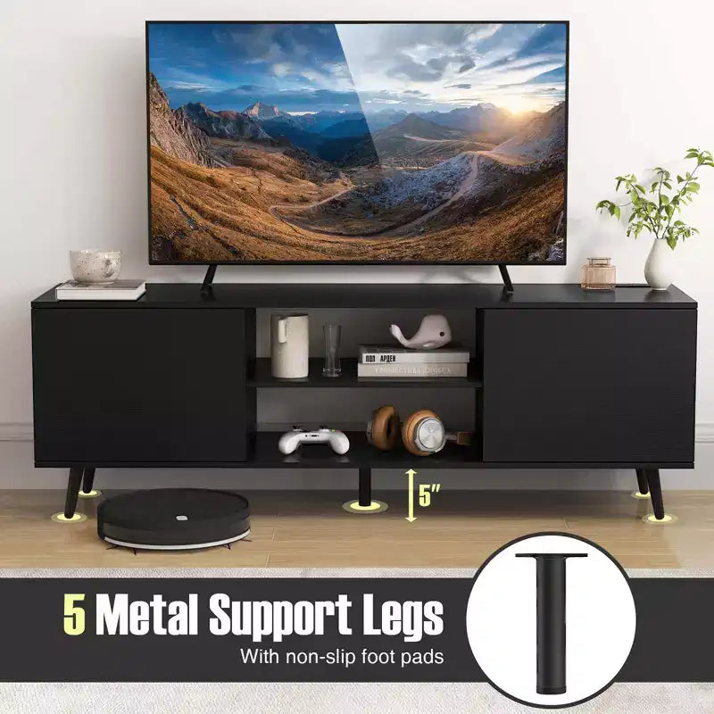 Meuble TV Costway pour téléviseurs 60 pouces, console multimédia moderne du milieu du siècle avec étagère réglable, brun/noir