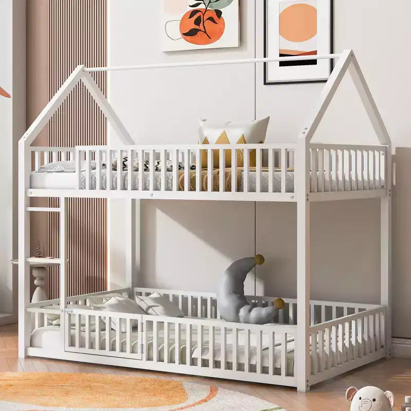 Metal Twin over Twin House Bunk Bed with Fence and Door