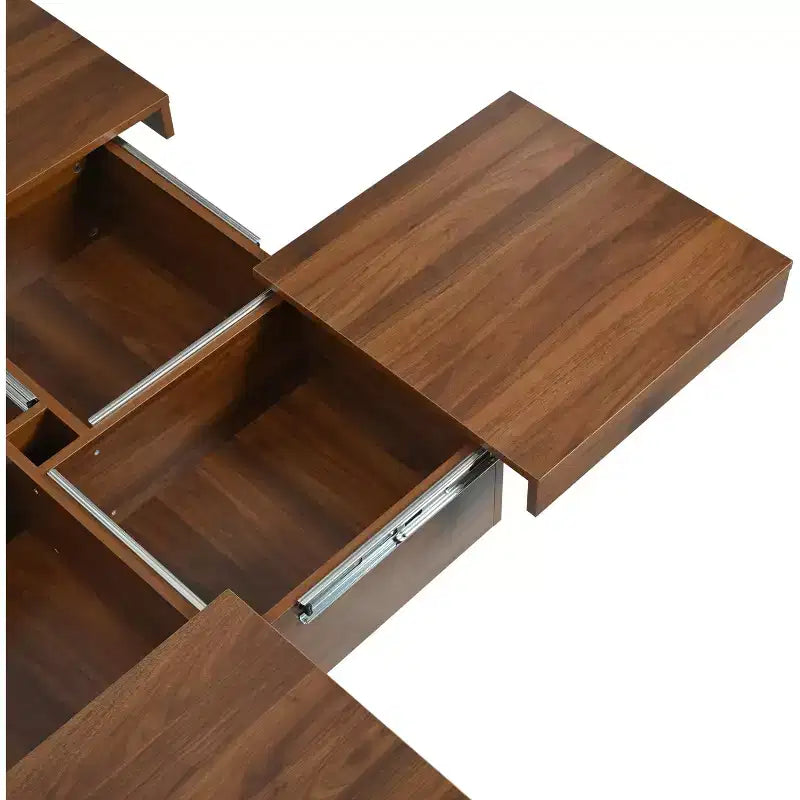 Table basse carrée 39W avec plateau coulissant, espace de rangement et placage effet marbre blanc/placage veiné noyer - ModernLuxe