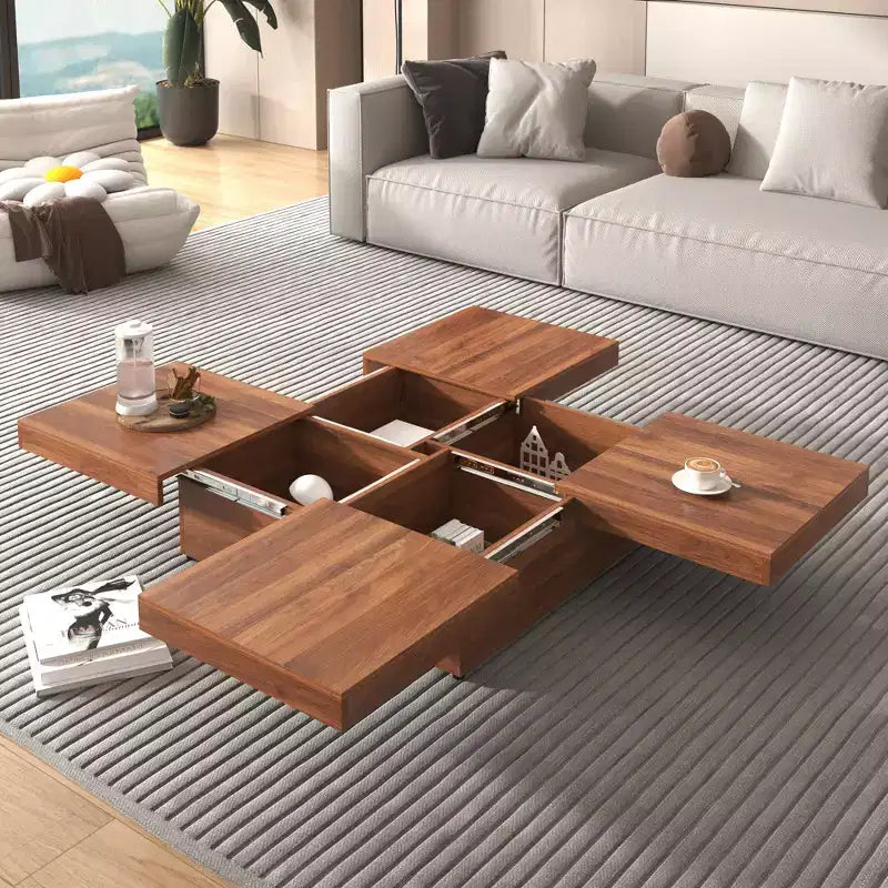 Table basse carrée 39W avec plateau coulissant, espace de rangement et placage effet marbre blanc/placage veiné noyer - ModernLuxe