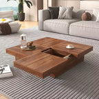 Table basse carrée 39W avec plateau coulissant, espace de rangement et placage effet marbre blanc/placage veiné noyer - ModernLuxe