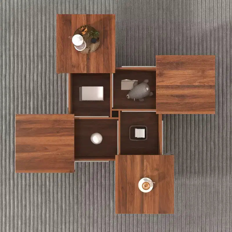 Table basse carrée 39W avec plateau coulissant, espace de rangement et placage effet marbre blanc/placage veiné noyer - ModernLuxe