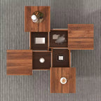 Table basse carrée 39W avec plateau coulissant, espace de rangement et placage effet marbre blanc/placage veiné noyer - ModernLuxe
