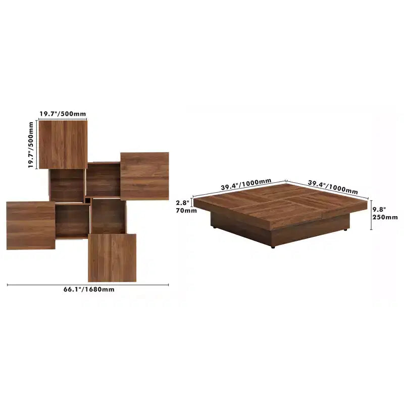Table basse carrée 39W avec plateau coulissant, espace de rangement et placage effet marbre blanc/placage veiné noyer - ModernLuxe