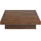 Table basse carrée 39W avec plateau coulissant, espace de rangement et placage effet marbre blanc/placage veiné noyer - ModernLuxe