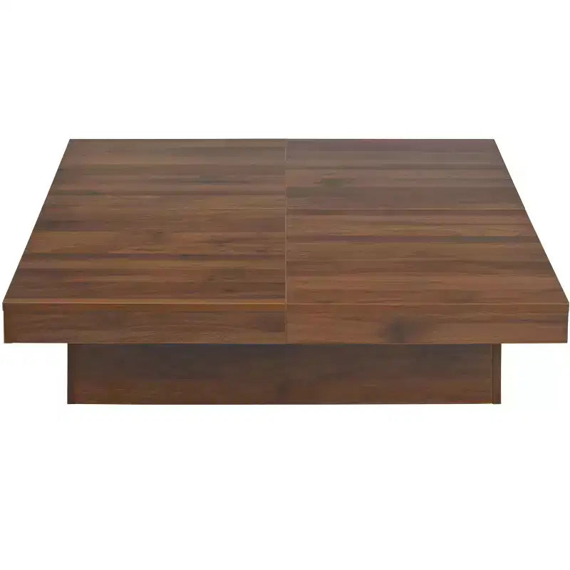 Table basse carrée 39W avec plateau coulissant, espace de rangement et placage effet marbre blanc/placage veiné noyer - ModernLuxe