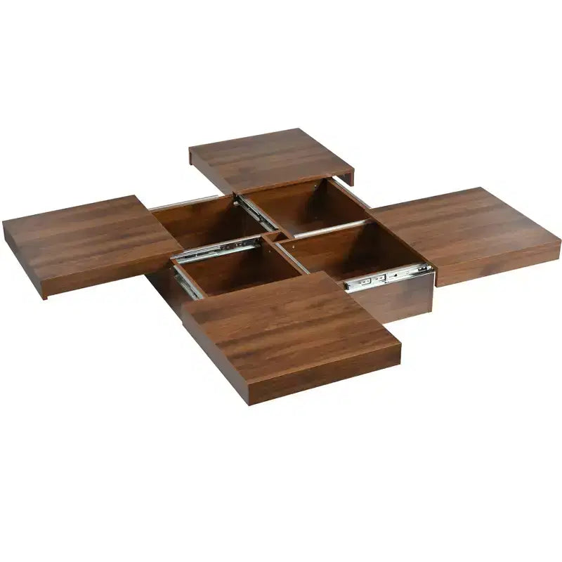 Table basse carrée 39W avec plateau coulissant, espace de rangement et placage effet marbre blanc/placage veiné noyer - ModernLuxe