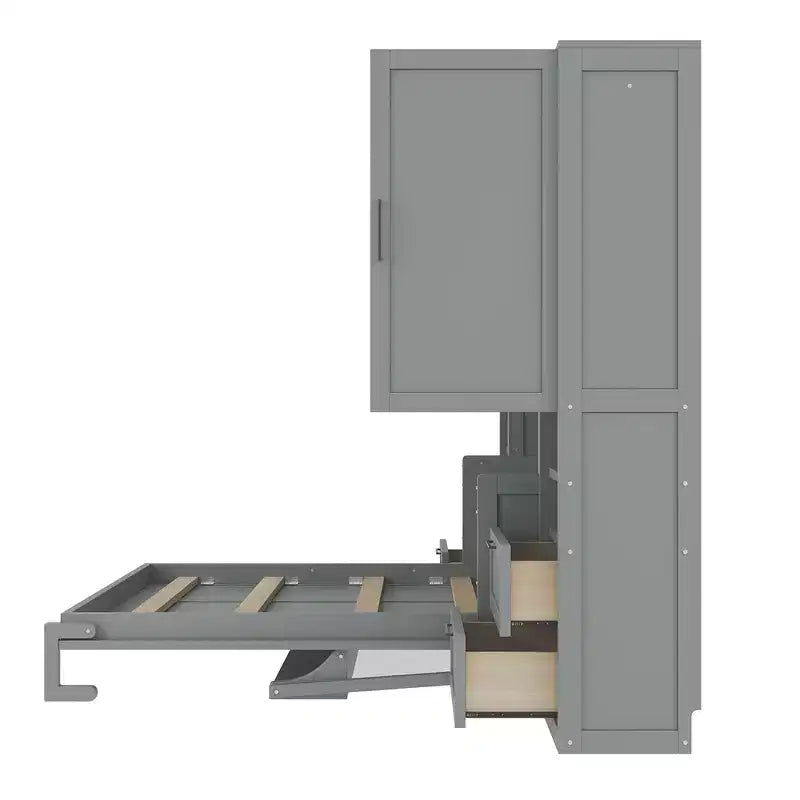 Lit escamotable Queen Size Whisen Modern Design, se plie dans une armoire avec penderie, tiroirs et étagères