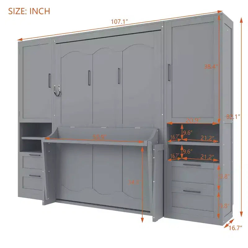 Lit escamotable Queen Size Whisen Modern Design, se plie dans une armoire avec penderie, tiroirs et étagères