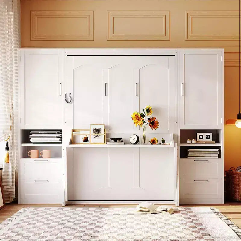 Lit escamotable Queen Size Whisen Modern Design, se plie dans une armoire avec penderie, tiroirs et étagères