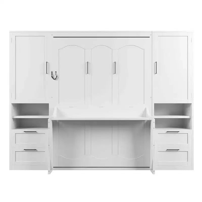 Lit escamotable Queen Size Whisen Modern Design, se plie dans une armoire avec penderie, tiroirs et étagères