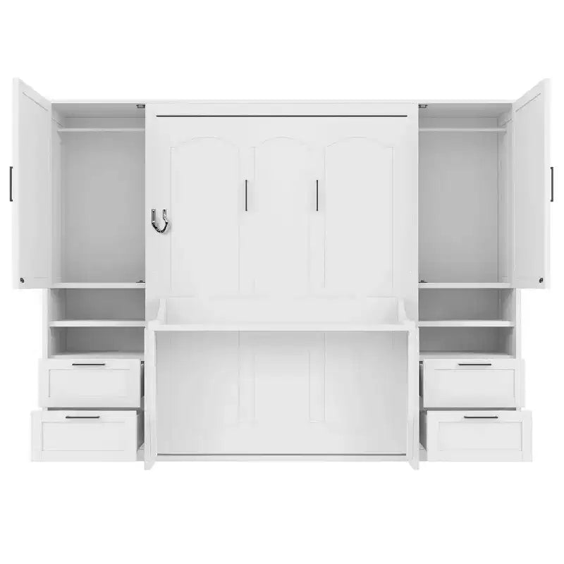 Lit escamotable Queen Size Whisen Modern Design, se plie dans une armoire avec penderie, tiroirs et étagères
