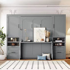 Lit escamotable Queen Size Whisen Modern Design, se plie dans une armoire avec penderie, tiroirs et étagères
