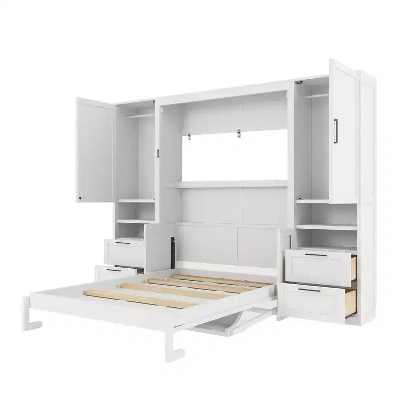 Lit escamotable Queen Size Whisen Modern Design, se plie dans une armoire avec penderie, tiroirs et étagères