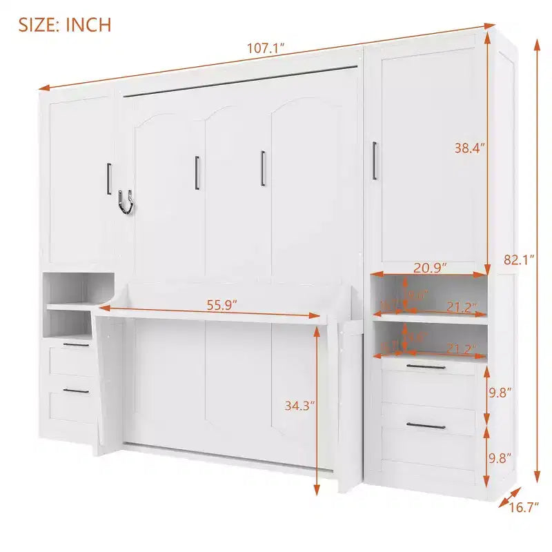 Lit escamotable Queen Size Whisen Modern Design, se plie dans une armoire avec penderie, tiroirs et étagères