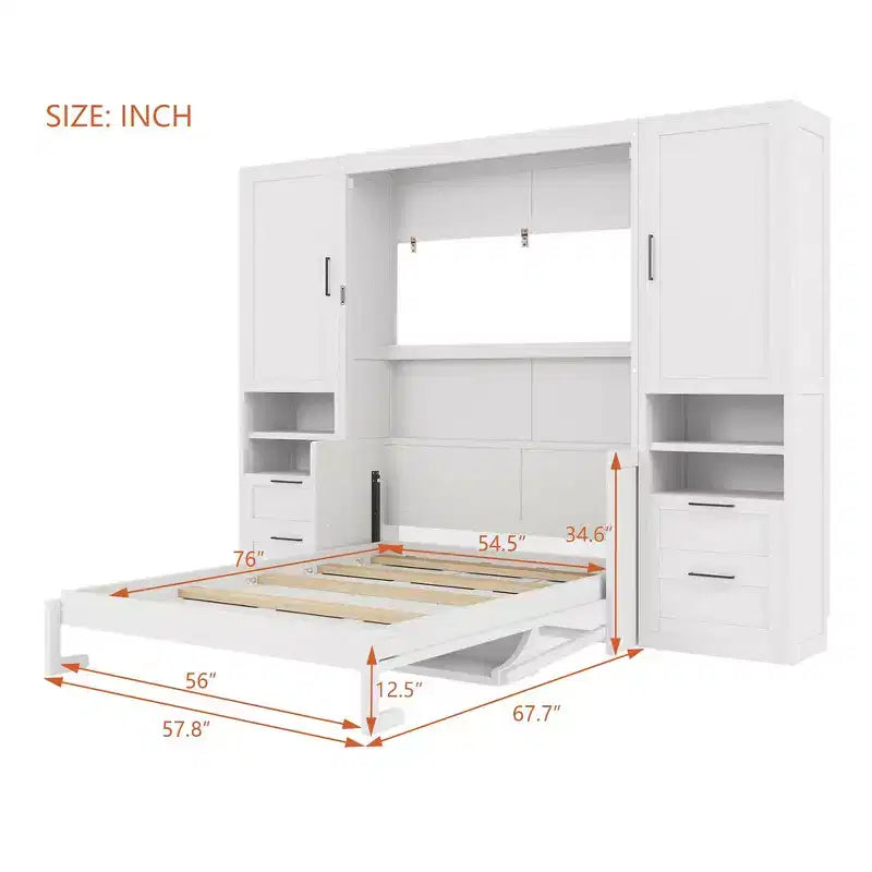 Lit escamotable Queen Size Whisen Modern Design, se plie dans une armoire avec penderie, tiroirs et étagères