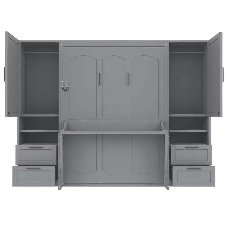 Lit escamotable Queen Size Whisen Modern Design, se plie dans une armoire avec penderie, tiroirs et étagères