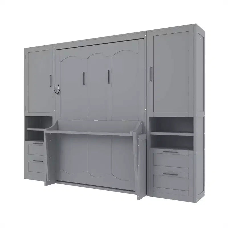 Lit escamotable Queen Size Whisen Modern Design, se plie dans une armoire avec penderie, tiroirs et étagères