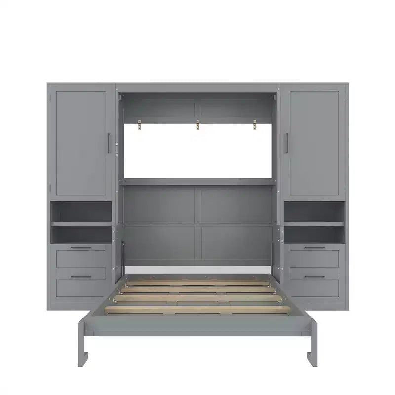 Lit escamotable Queen Size Whisen Modern Design, se plie dans une armoire avec penderie, tiroirs et étagères