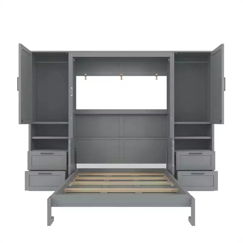 Lit escamotable Queen Size Whisen Modern Design, se plie dans une armoire avec penderie, tiroirs et étagères
