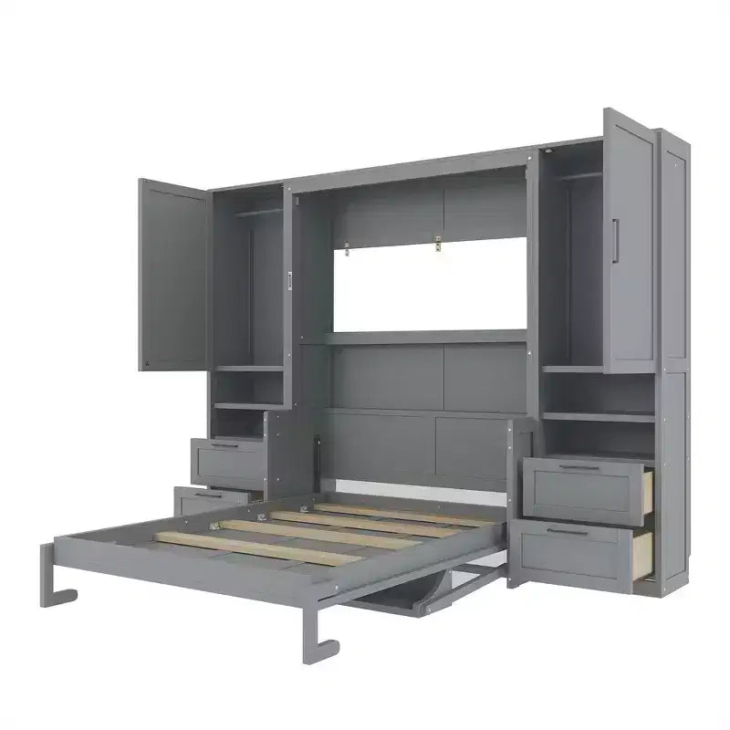 Lit escamotable Queen Size Whisen Modern Design, se plie dans une armoire avec penderie, tiroirs et étagères
