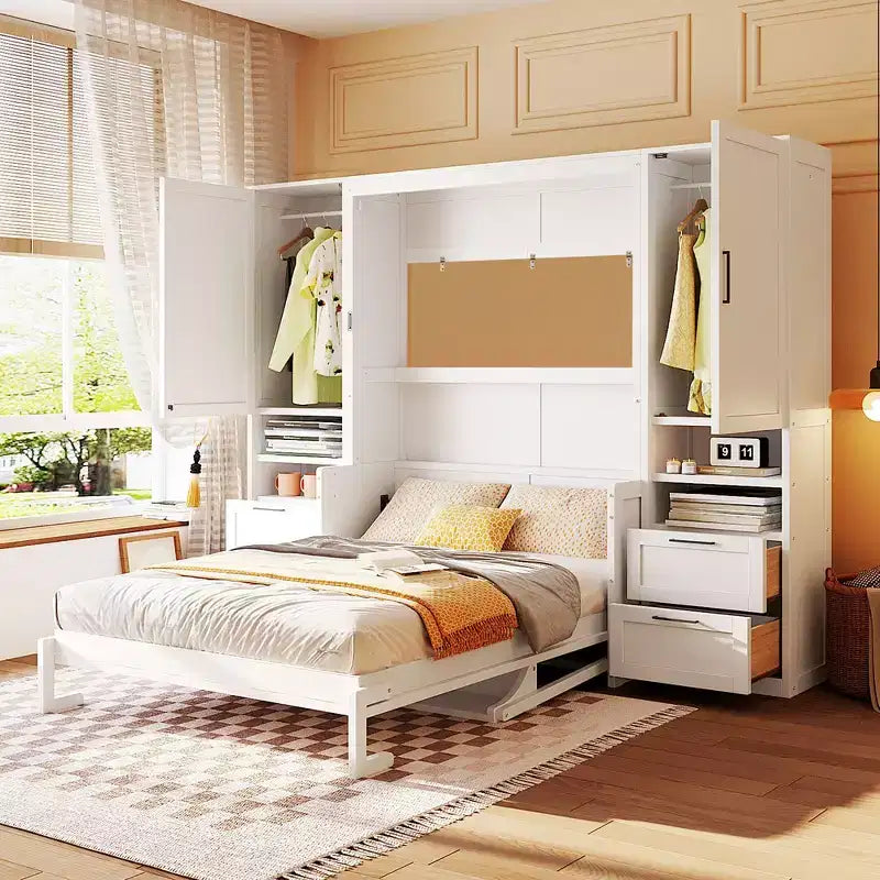 Lit escamotable Queen Size Whisen Modern Design, se plie dans une armoire avec penderie, tiroirs et étagères