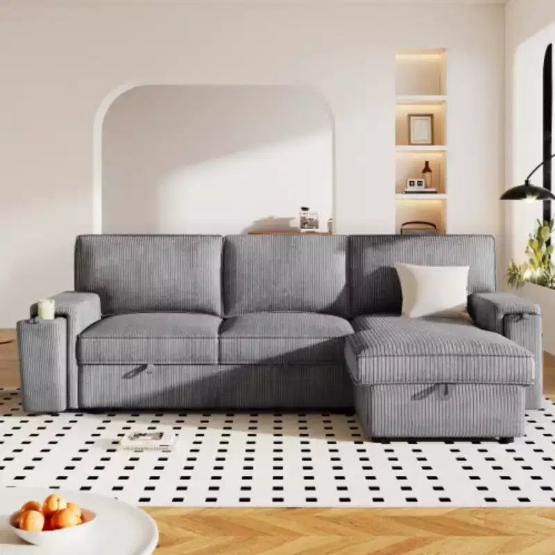 Canapé-lit sectionnel avec revêtement rembourré, poches de rangement intégrées et deux porte-gobelets sur les accoudoirs